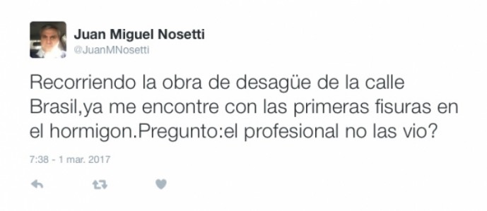 Desde Twitter, Nosetti sigue criticando la obra de la calle Brasil