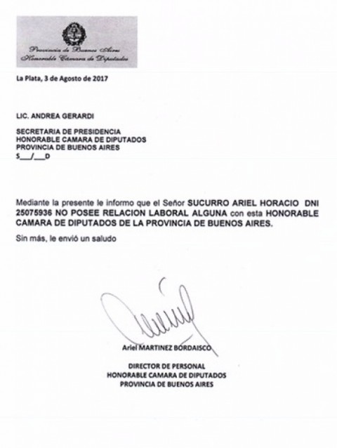 Un documento de Diputados certifica que Ariel Succurro no cobra un sueldo de la cámara