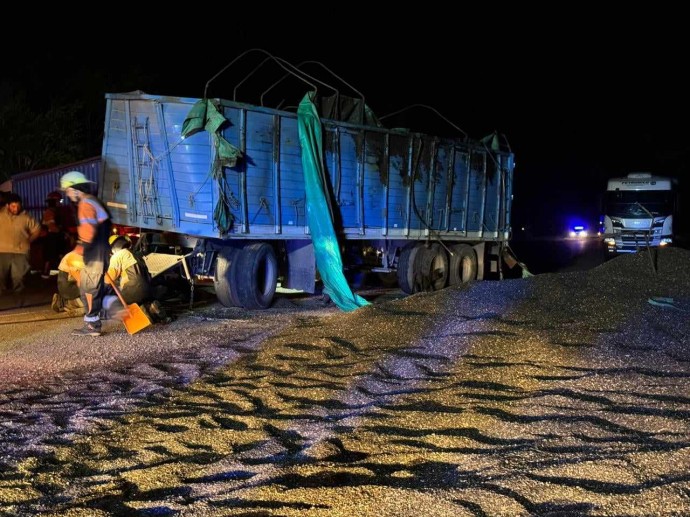 Un acoplado cargado con girasol volcó en Ruta 85